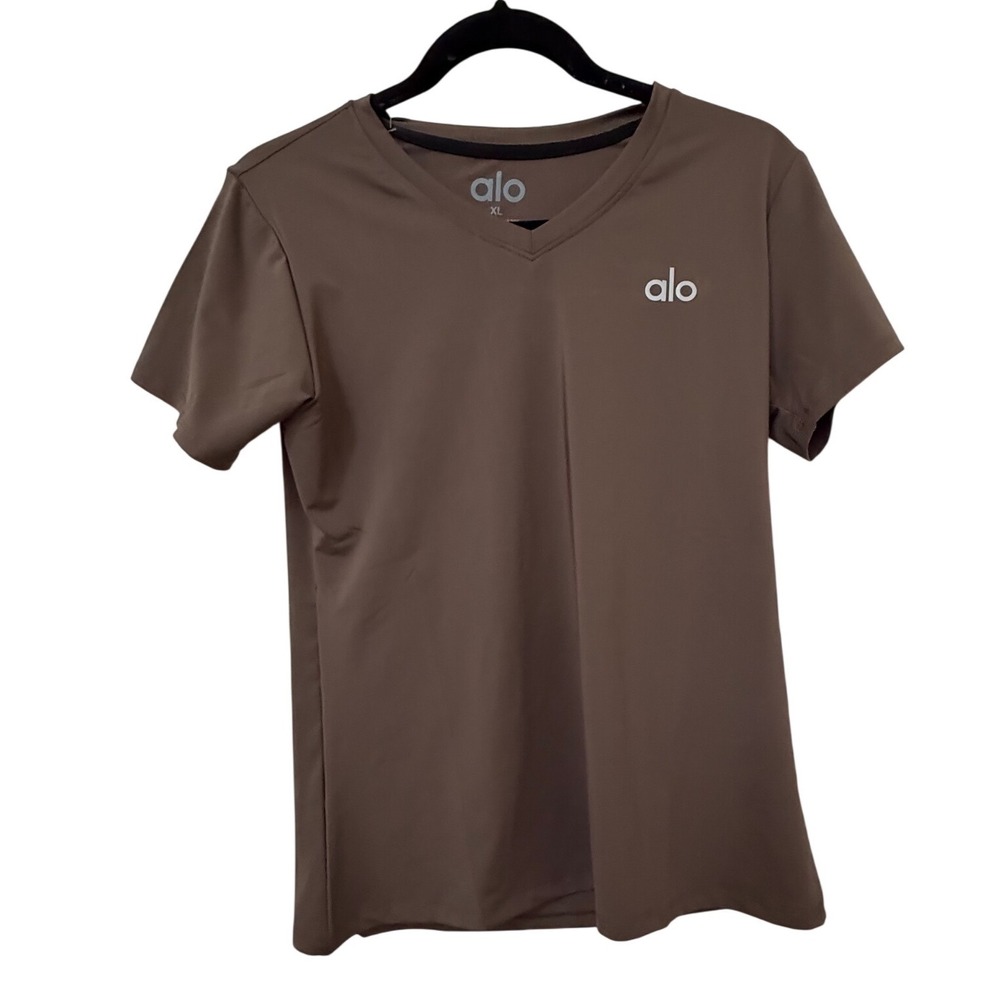 Alo Yoga Womens XL V-Neck Performance Short Sleeve Tee Brown NWT